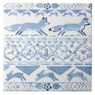 Blue Woodland Animal Ikat Mönster Fox Version 3 Kakelplatta