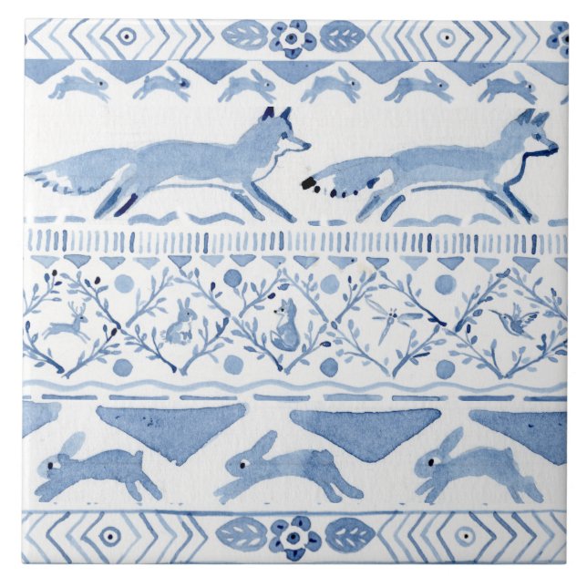 Blue Woodland Animal Ikat Mönster Fox Version 3 Kakelplatta (Framsidan)