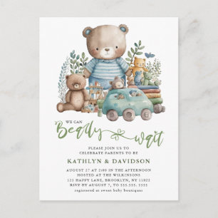 Blue Woodland Animal Leksak Cute Script Baby Showe Inbjudan Vykort