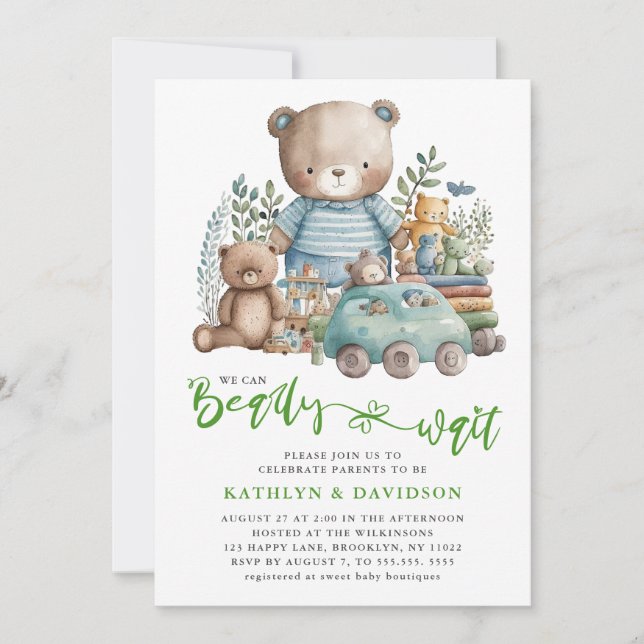 Blue Woodland Animal Leksak Cute Script Baby Showe Inbjudningar (Framsida)