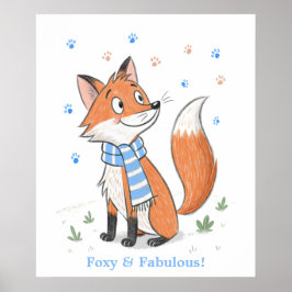 Blue Woodland Cheeky Fox Playful Doodle Animal Poster