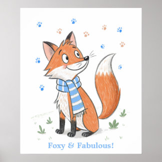 Blue Woodland Cheeky Fox Playful Doodle Animal Poster