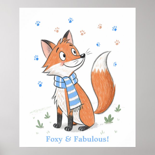 Blue Woodland Cheeky Fox Playful Doodle Animal Poster (Framsidan)