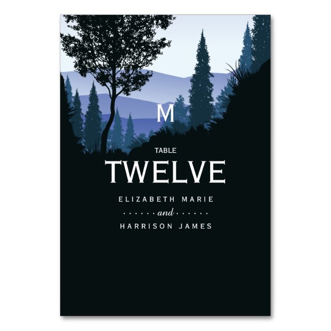 Blue Woodland Forest, Rustic Bröllop Bordsnummer (Framsidan)