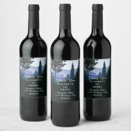 Blue Woodland Forest, Rustic Bröllop Vinflaska Etikett