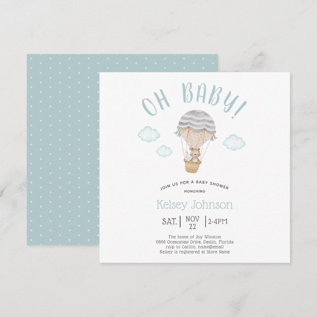 Blue Woodland Nalle Bunny Baby Shower Inbjudningar (Fram/baksida)