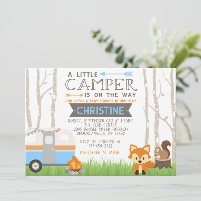 Blue Woodland RV Camper Forest Animals Baby Shower Inbjudningar (Stående Fram)