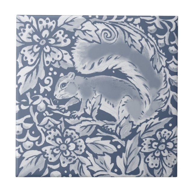 Blue Woodland Squirrel Forest Animal Blommigt  Kakelplatta (Framsidan)