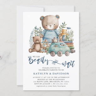 Blue Woodland Vi kan knappt vänta på pojkbabyskor Inbjudningar
