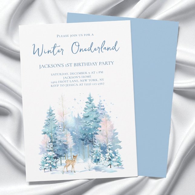 Blue Woodland Winter Wonderland 1st Birthday Party Inbjudningar (Blue Woodland Winter Wonderland 1st Birthday Party Invitation)