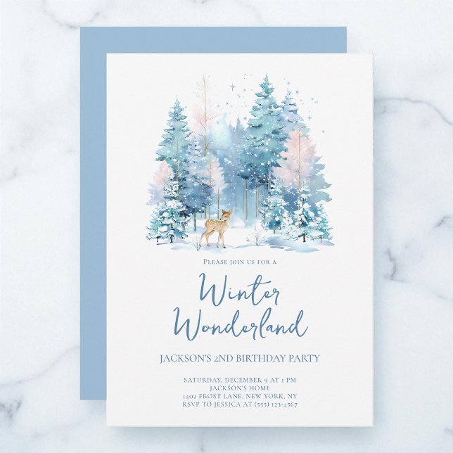 Blue Woodland Winter Wonderland 2:a födelsedagen P Inbjudningar (Blue Woodland Winter Wonderland 2nd Birthday Party Invitation)