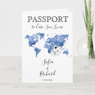 Blue World Map Mexico för destinationsbröllop pass Inbjudan