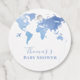 Blue World Map Travel Äventyr Baby Shower Gåvor Etiketter