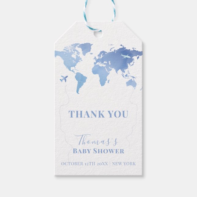 Blue World Map Travel Äventyr Baby Shower Presentetikett (Framsidan)