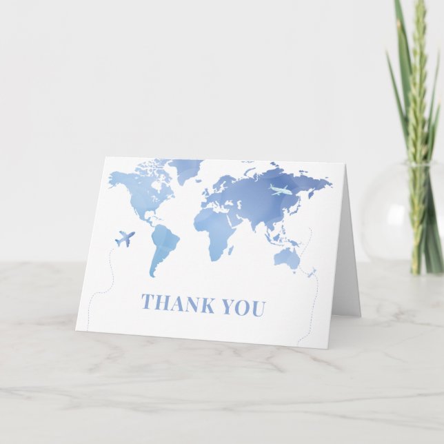 Blue World Map Travel Äventyr Baby Shower Tack Kort (Framsida)