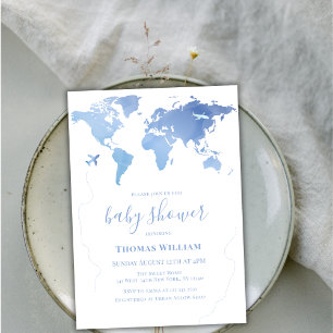 Blue World Map Travel Äventyr Boy Shower Inbjudningar