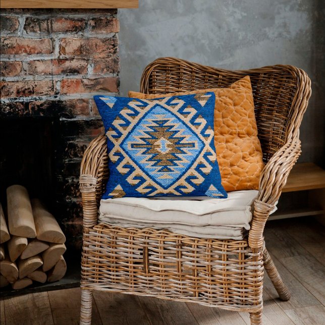 Blue Woven Vintage Turkisk matta Kilim Matta Kudde (Skapare uppladdad)
