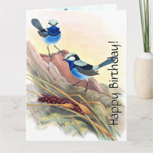 Blue Wren Birds Blommigt Wildlife Flowers Birthday Kort