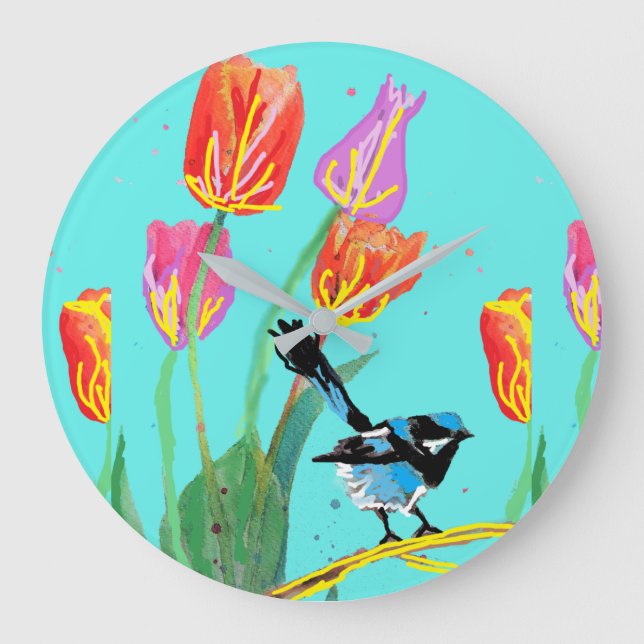 Blue Wren Blue Birds Painting Art Wall Clock Stor Klocka (Framsida)
