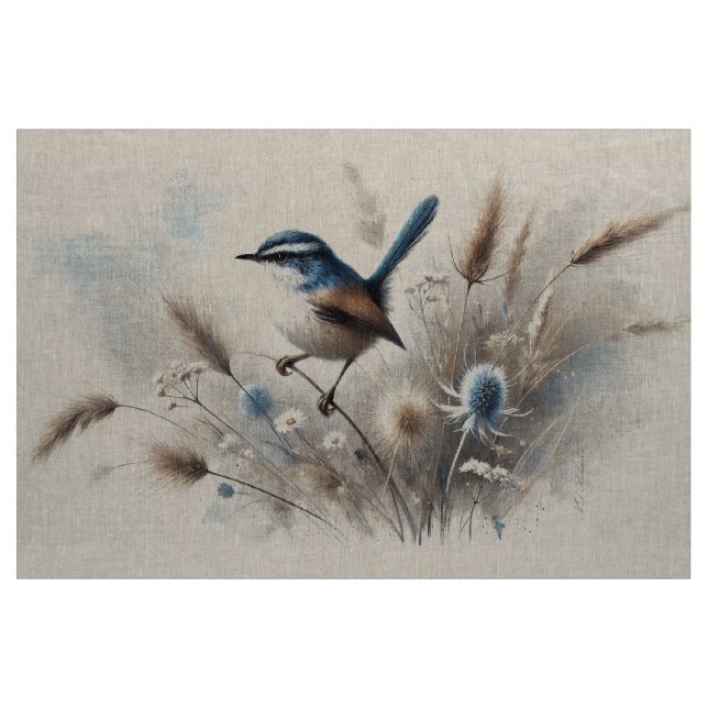 Blue Wren Linen Tyg (Yard)
