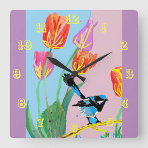 Blue Wren Watercolor Bird Childrens Room Clock Fyrkantig Klocka