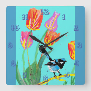 Blue Wren Watercolor Bird Childrens Room Clock Fyrkantig Klocka