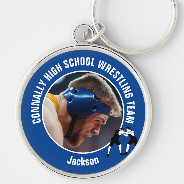 Blue Wrestling Team Photo High School Wrestler Rund Silverfärgad Nyckelring (Framsidan)