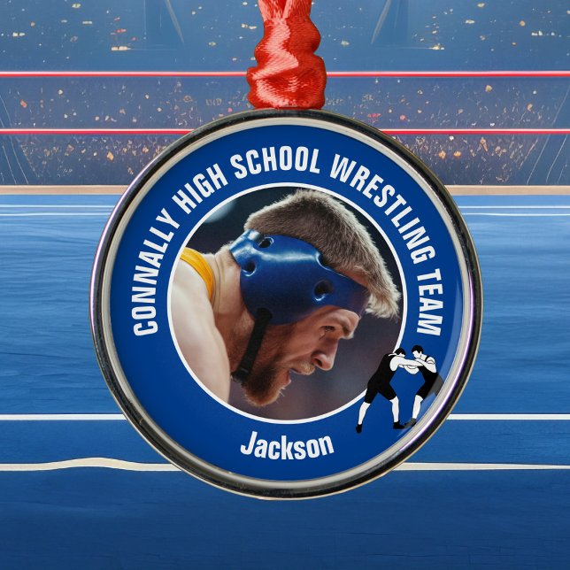 Blue Wrestling Team Photo Wrestler Christmas Julgransprydnad Metall (Skapare uppladdad)
