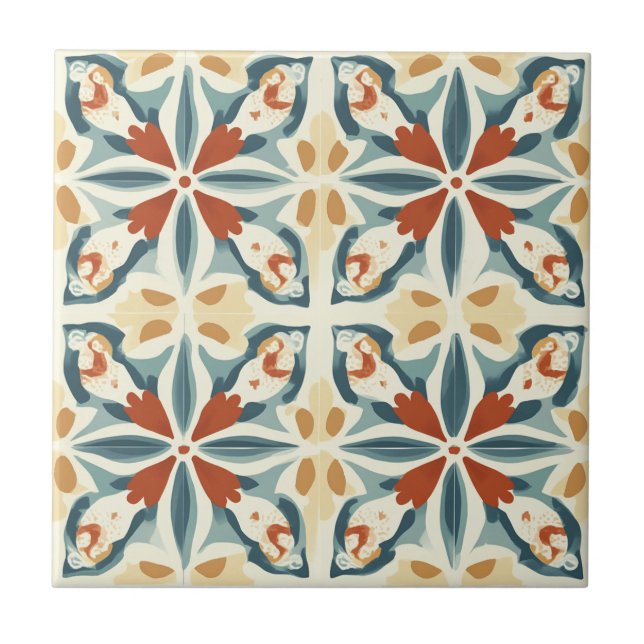 Blue Yellow and Rust Pattern Ceramic Tile Kakelplatta (Framsidan)