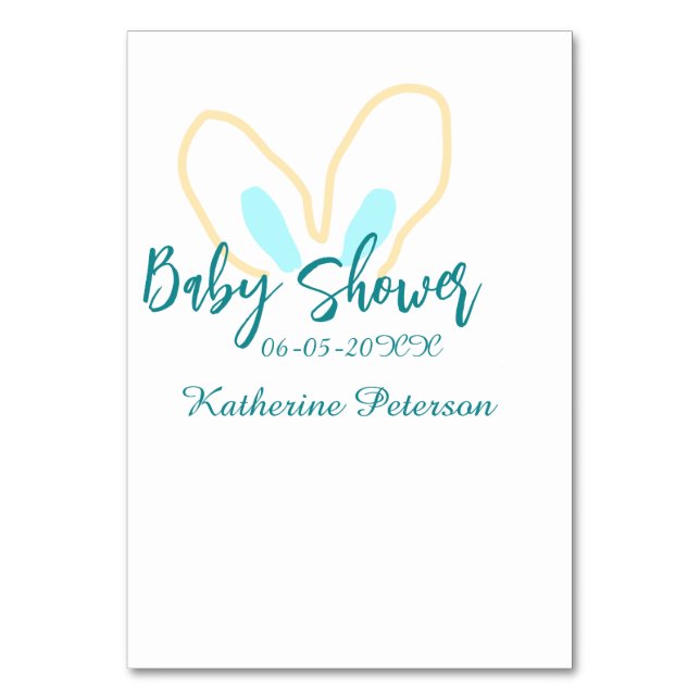 Blue yellow baby shower name date animal ear cute  bordsnummer (Framsidan)