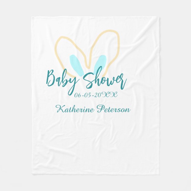 Blue yellow baby shower name date animal ear cute  fleecefilt (Framsidan)