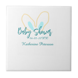 Blue yellow baby shower name date animal ear cute  kakelplatta