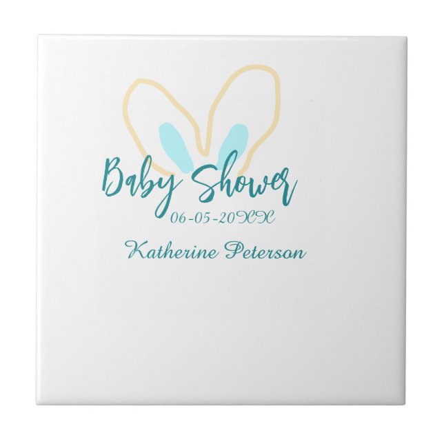 Blue yellow baby shower name date animal ear cute  kakelplatta (Framsidan)