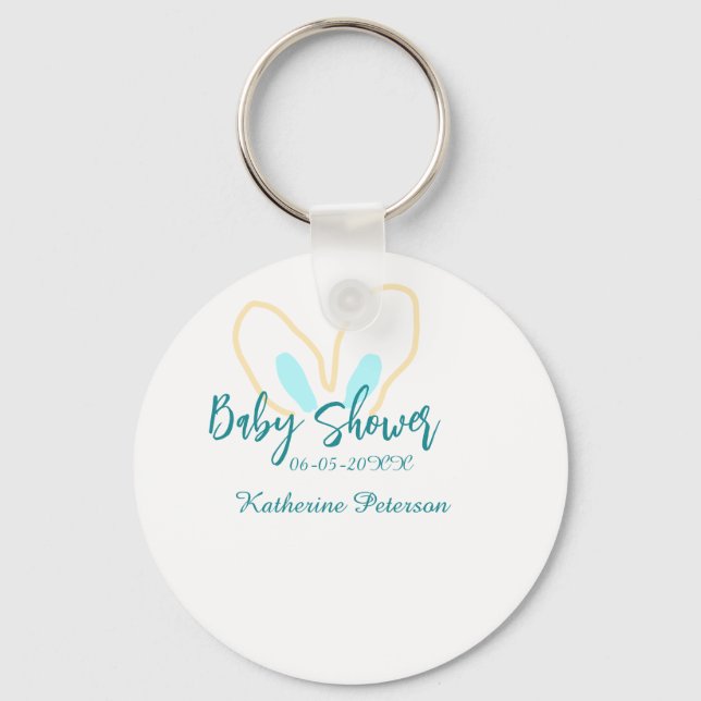 Blue yellow baby shower name date animal ear cute  nyckelring (Framsida)