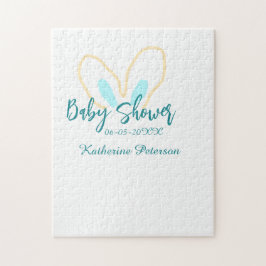 Blue yellow baby shower name date animal ear cute  pussel