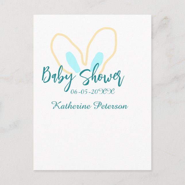 Blue yellow baby shower name date animal ear cute  vykort (Framsida)