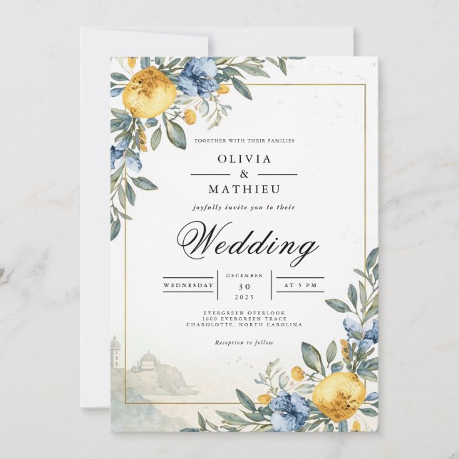 Blue Yellow Botanical Arch Wedding Inbjudningar (Framsida)