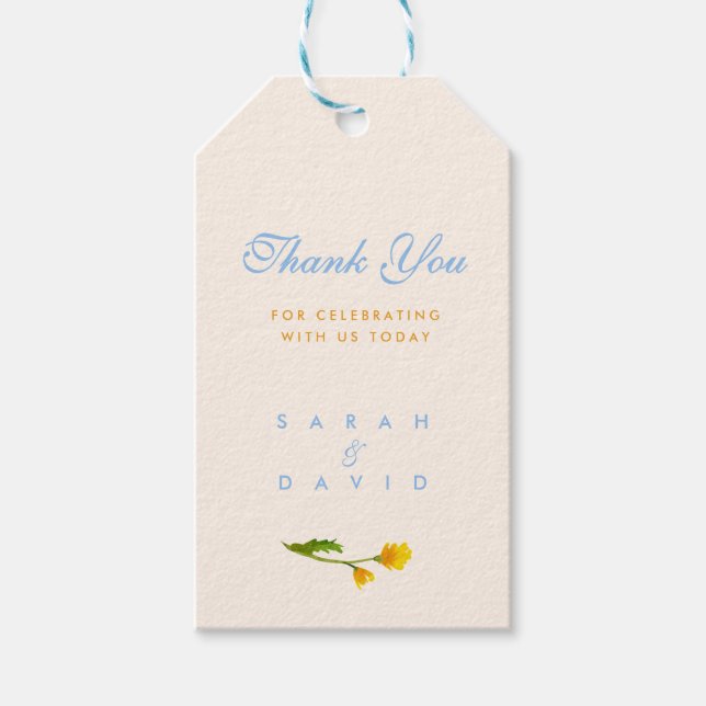 Blue & Yellow buttercup editable wedding Presentetikett (Framsidan)