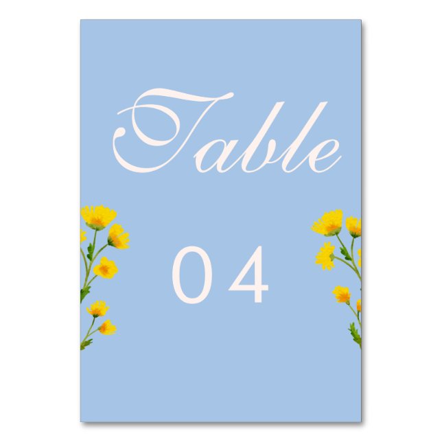 Blue & Yellow buttercup Wedding table numbers Bordsnummer (Framsidan)