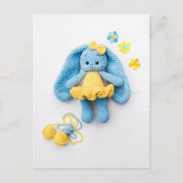 Blue & Yellow Crochet Bunny — Cozy Handmade Art Vykort