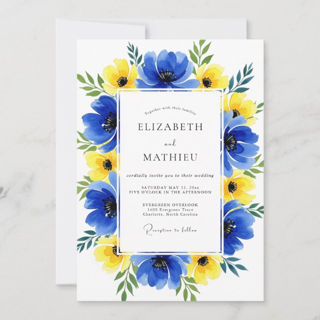 Blue Yellow Floral Whimsy Wedding Inbjudningar (Framsida)