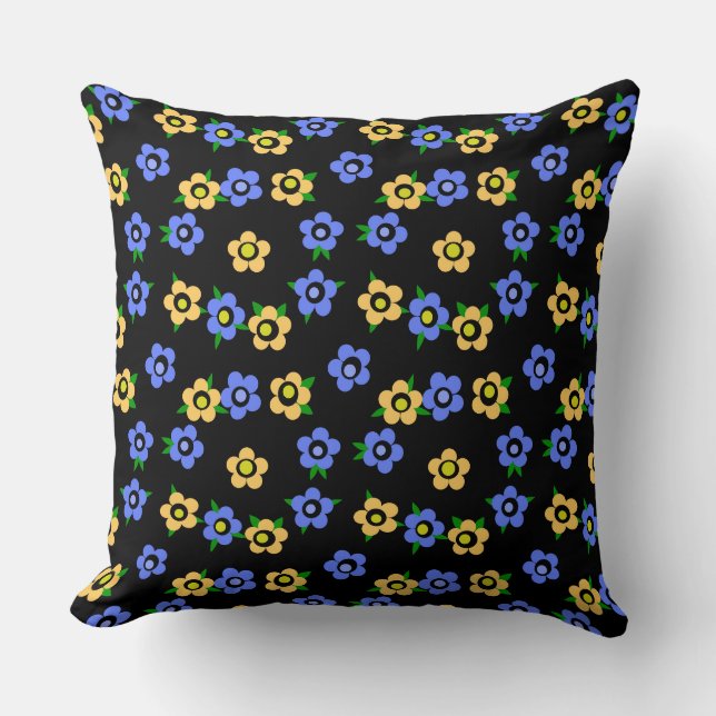Blue yellow flowers on black background retro kudde (Framsida)