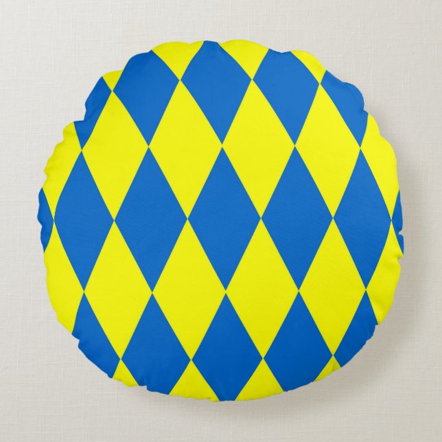 Blue Yellow Harlequin Checkered Design  Rund Kudde (Framsidan)