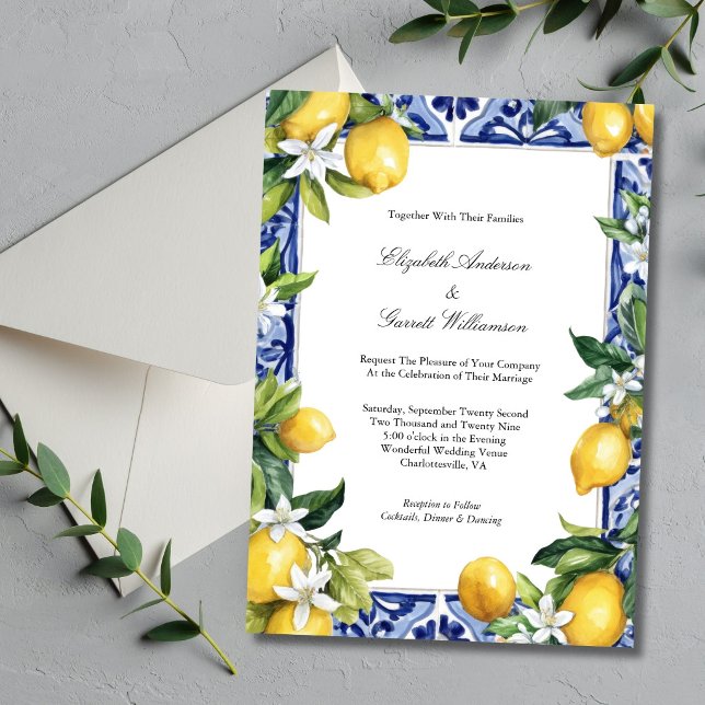Blue Yellow Lemon Mediterranean Tile Wedding Inbjudningar (Blue Yellow Lemons Mediterranean Tile Italian Wedding Theme Invitation. Printed or Digital Download)