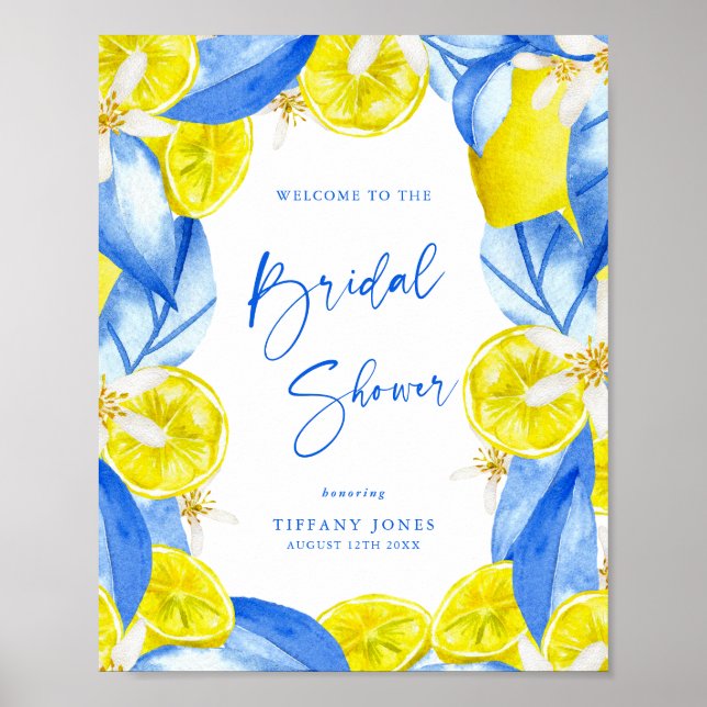 Blue Yellow Lemons Bridal Shower Welcome Sign Poster (Framsidan)