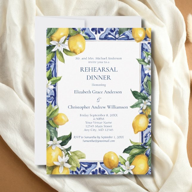 Blue Yellow Lemons Mediterranean Rehearsal Dinner  Inbjudningar (Blue White Tile, Mediterranean Lemons Wedding Rehearsal Dinner Invitation. Printed or Digital)