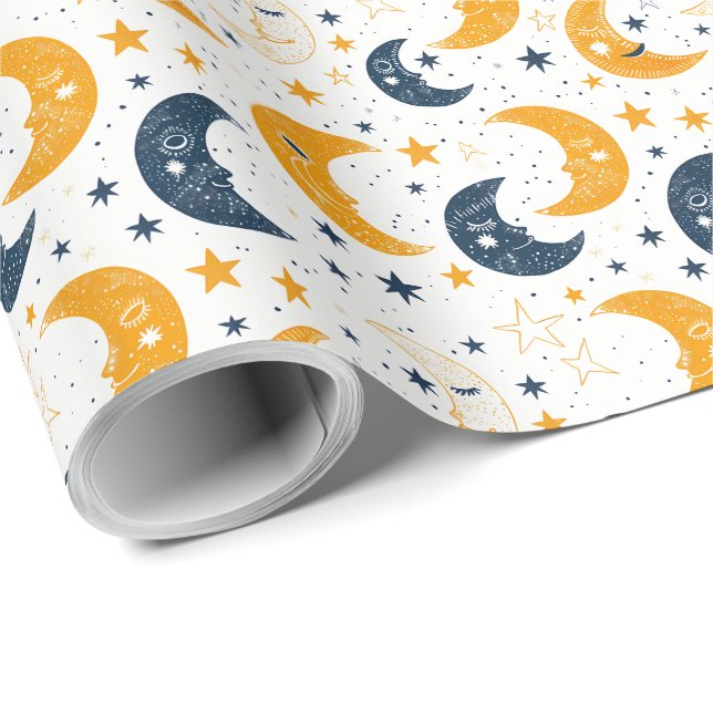 Blue Yellow Lullaby Moon och Stars Presentpapper (Rullad Hörn)