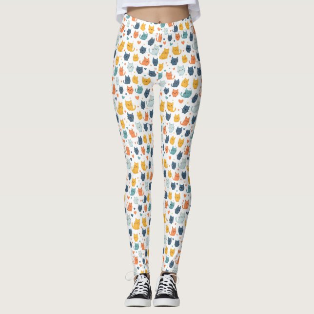 Blue Yellow Orange Kawaii Whimsical Cat Pattern Leggings (Framsida)