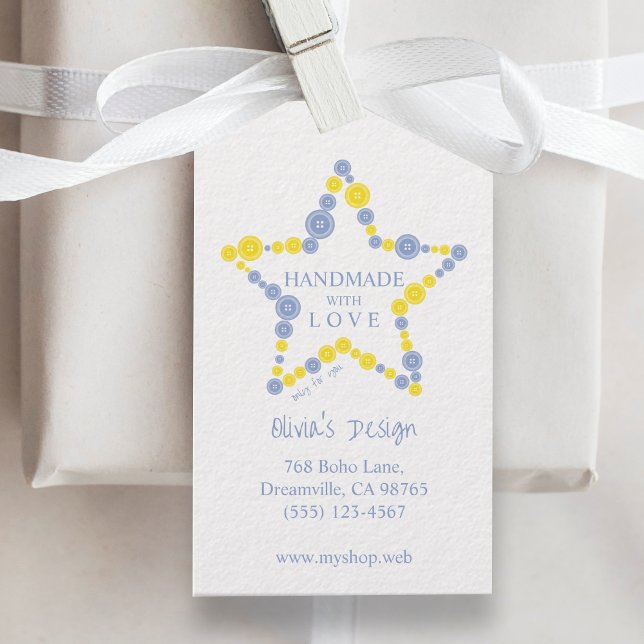 Blue & Yellow Original Buttons Star Handmade Love Presentetikett (Blue & Yellow Original Buttons Star Handmade with Love Quote Star Gift Tags for Handymarkers.)