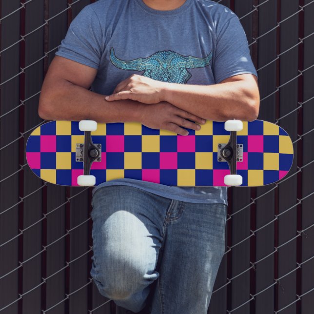 Blue Yellow Pink Checkered Pattern Design  Mini Skateboard Bräda 18,5 Cm (Utomhus 3)